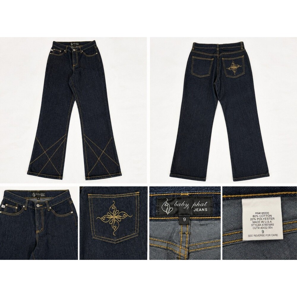 Baby Phat Size 9 Dark Wash Straight Leg Denim Jeans Embroidered Pockets